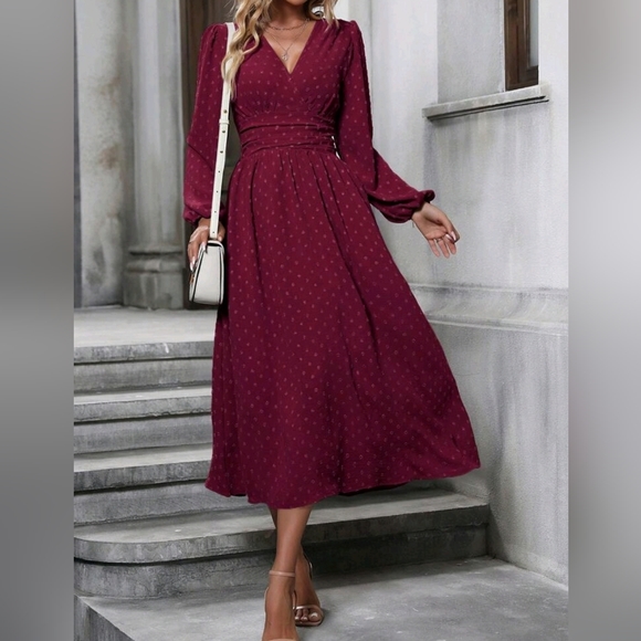 NEW Flowy Swiss Dot Ruched Waist Lantern Sleeve Dress Burgundy Red - Picture 1 of 7